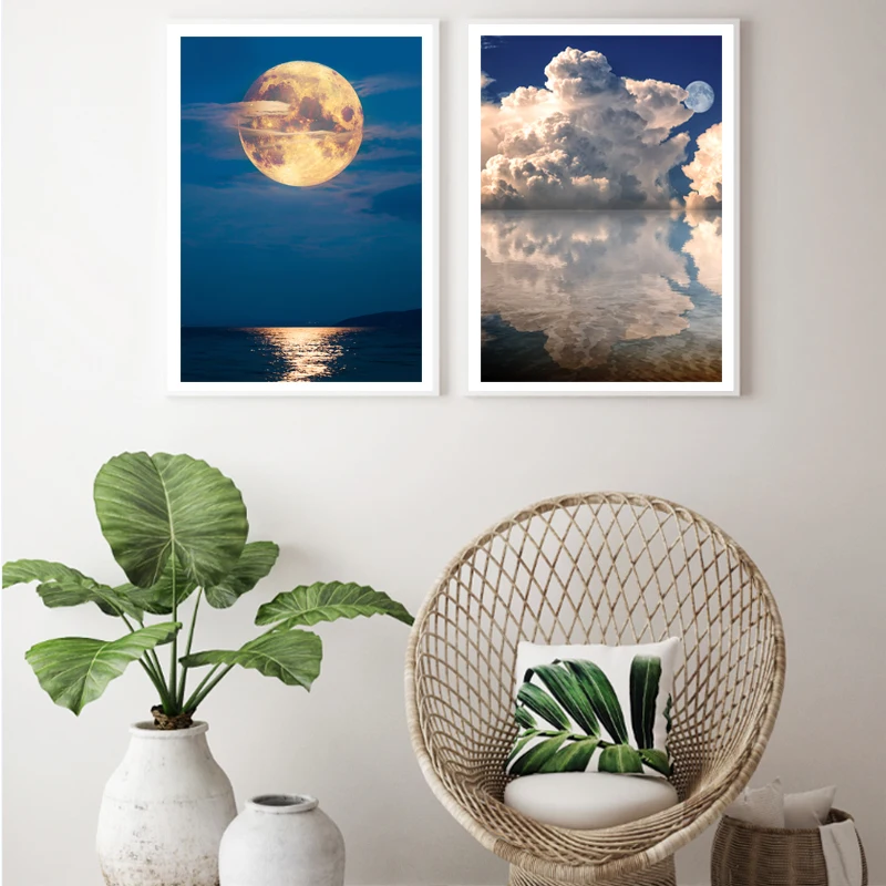 Nordic Sky Moon Seascape Waterproof canvas Painting Posters Print Blue Wall Art Pictures For Living Room Bedroom No Form | Дом и сад