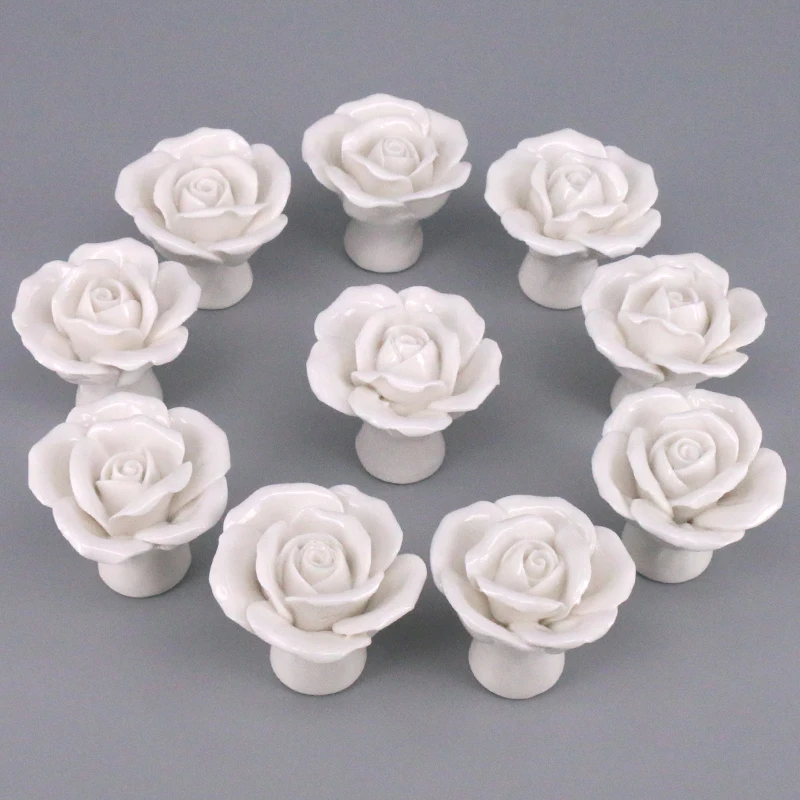 10PCS White Porcelain/Ceramic Flower Rose Drawer Knobs Rural Cabinet Cupboard handles Fashion Furniture Handles Hardware