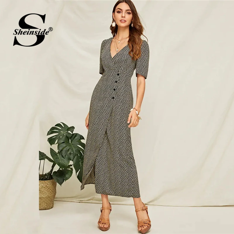 Sheinside Boho Цветочный принт с v-образным вырезом обёрточная юбка женское летнее платье на пуговицах ТРАПЕЦИЕВИДНОЕ ПЛАТЬЕ женское платье с высокой талией