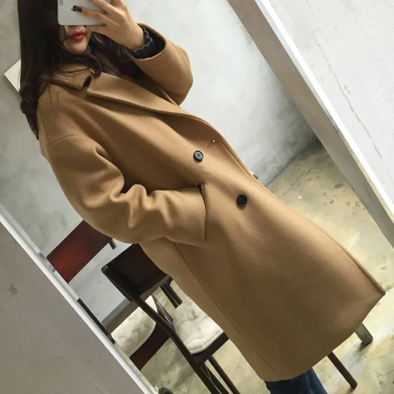 Женское шерстяное пальто средней длины свободное очень теплое с длинным рукавом