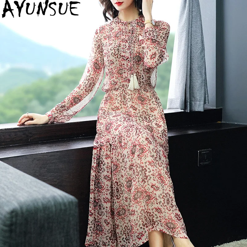 Женское платье из натурального шелка на весну и лето Пляжное длинное с цветочным