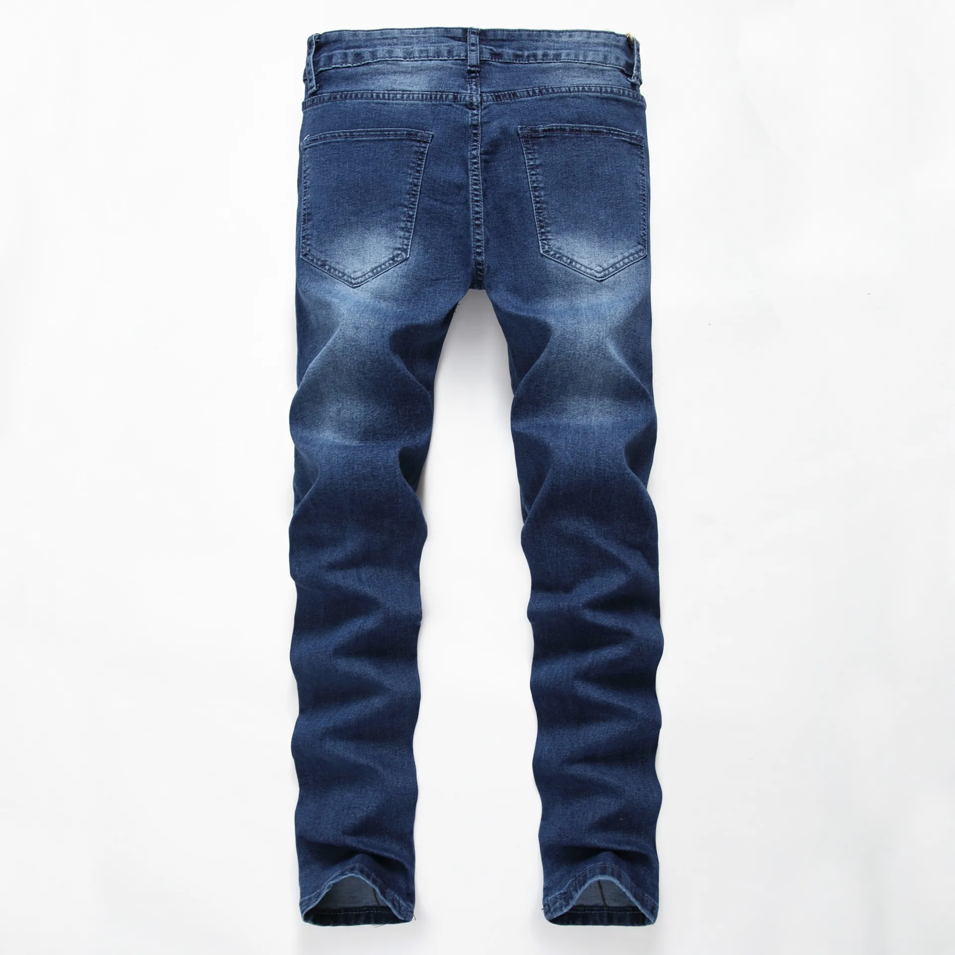 2018 spring and autumn new high street men's character holes zipper blue jeans stretch slacks | Мужская одежда