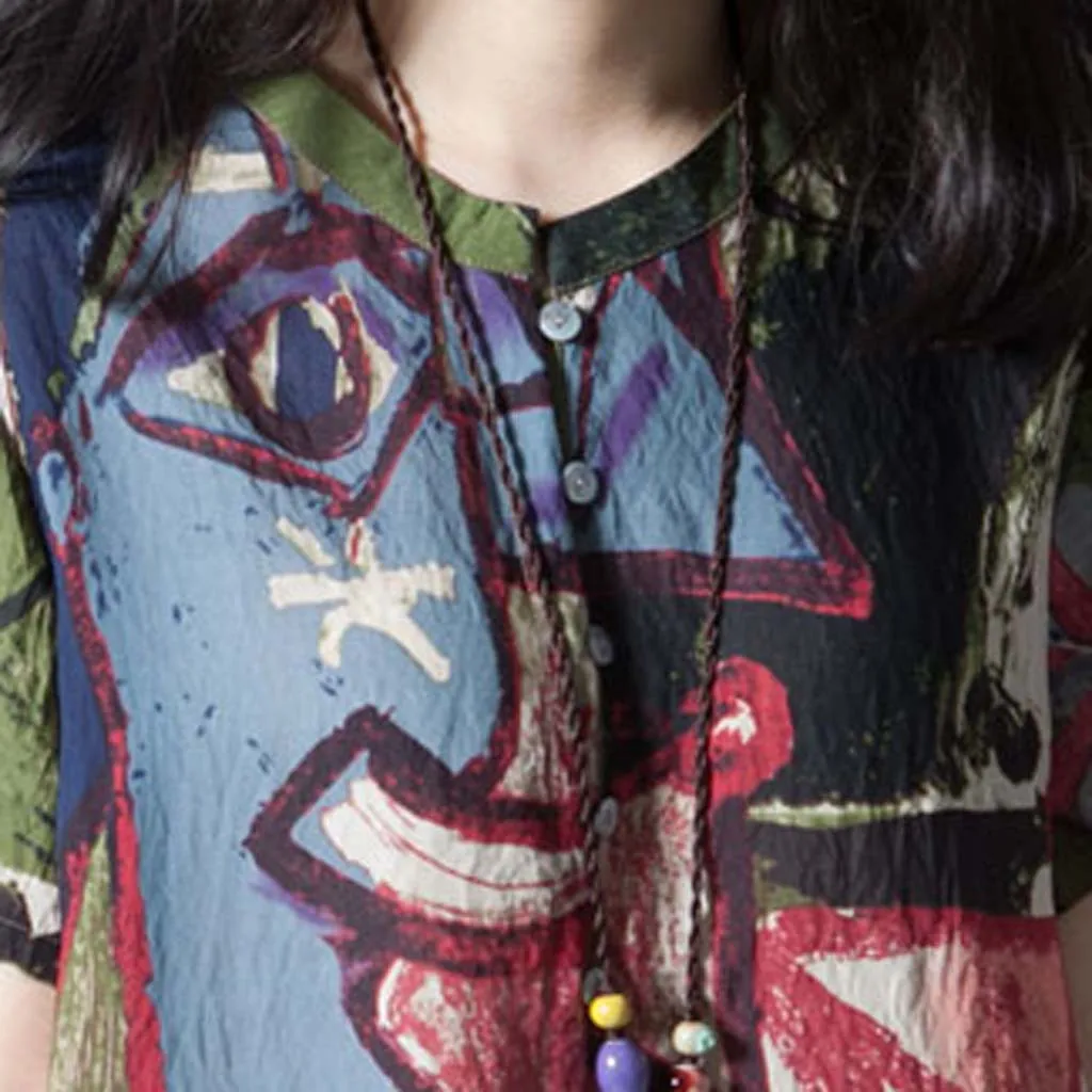 Платье женское длинное из хлопка и льна с принтом коротким рукавом | Женская