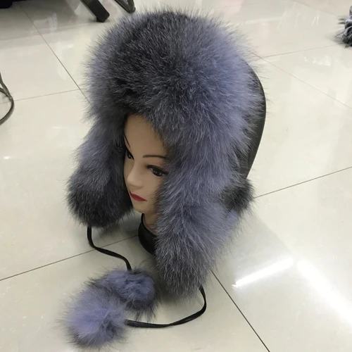 blue gray Для женщин из натурального Лисьего меховая шапка зимняя шапка ушанка шапка-ушанка России зимние ветра толстый Обувь на теплом меху с реальными Sleepskin кожаные кепки - Цвет: blue gray