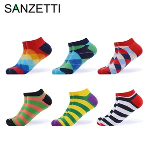 Носки SANZETTI мужские 6 партЛот, повседневные цветные носки до щиколотки из чесаного хлопка, носки-лодочки в клетку и полоску, лето 2020