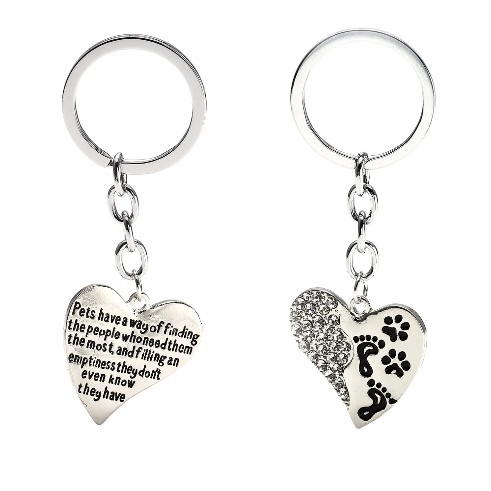 

12PC/Lot Clear Crystal Love Heart Keychains Pet Paws Footprint Pets Have A Way Keyring Gifts For Women Men Animals Lovers Keyfob
