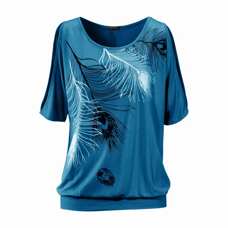 

2019 Summer Selling women clouses Feather Printing O- neck Strapless Off Shoulder Short-sleeved Tops Tee Loose Type Plus Size