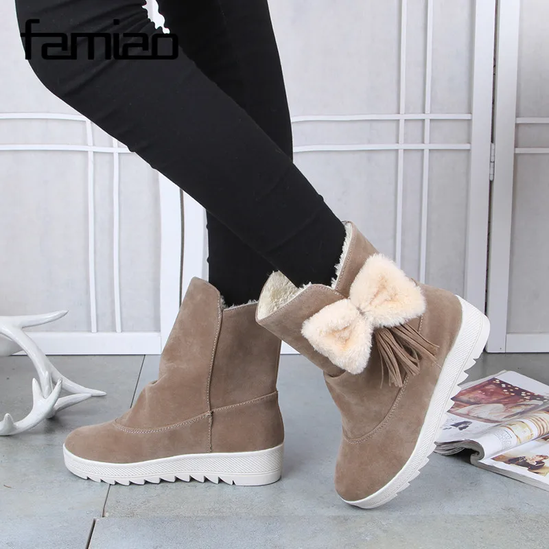 FAMIAO 2017 Snowshoes Women's snow Boots with Wool Fur Soft Ankle Women Genuine Leather Winter bowknot boots | Обувь