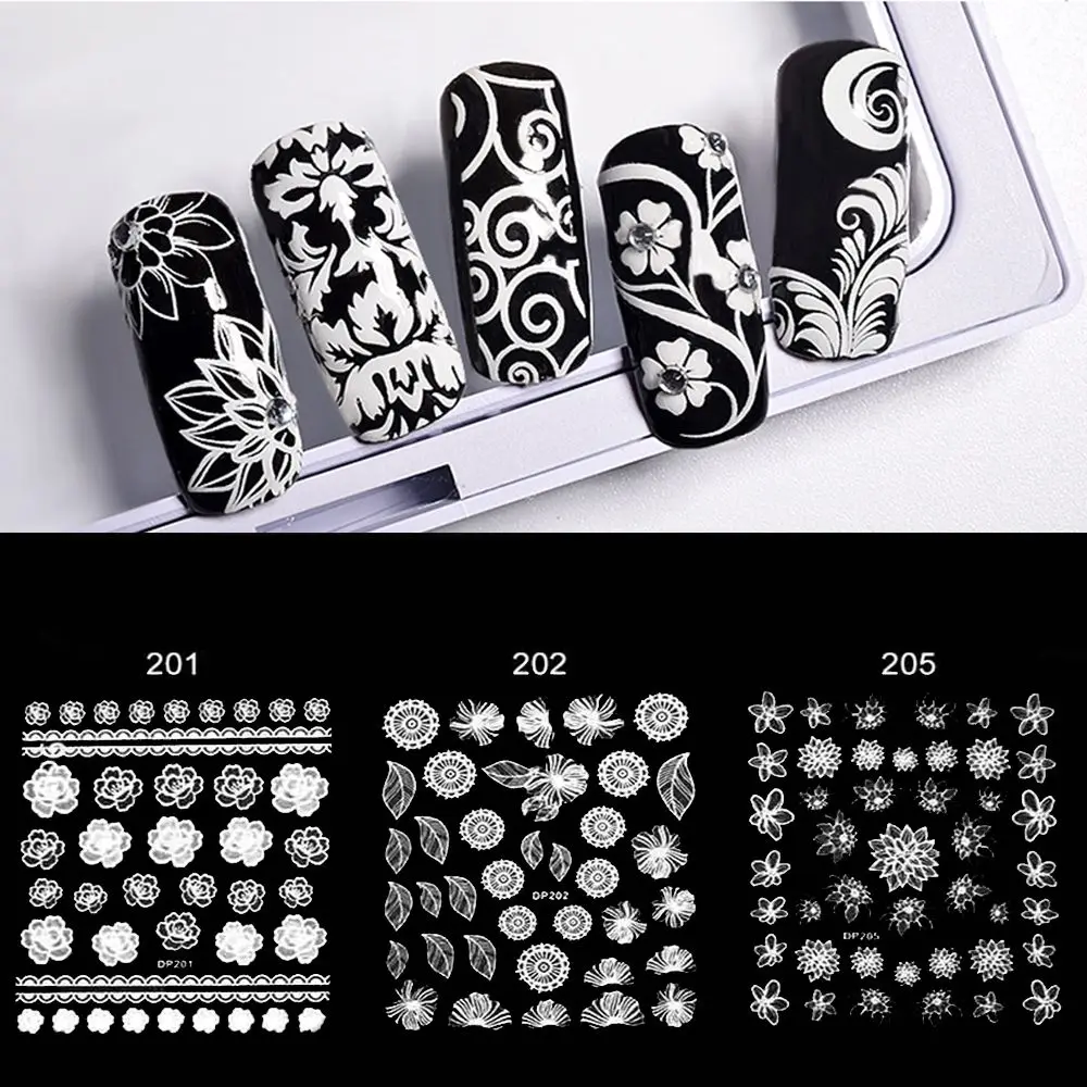 Белые цветы кружева стикеры 3D на ногти Nail Art украшения полоски 3D наклейки для ногтей самоклеющиеся DIY слайдер Дизайн Маникюр
