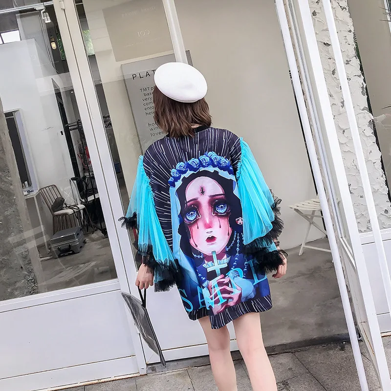Платье из тюля с мультяшным принтом модное летнее Мини Harajuku длинным рукавом и