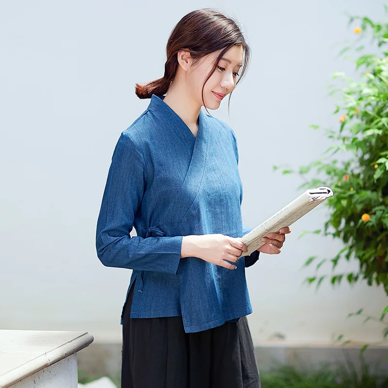 Китайское чайное платье Zen с длинным рукавом куртка перекрестным воротником