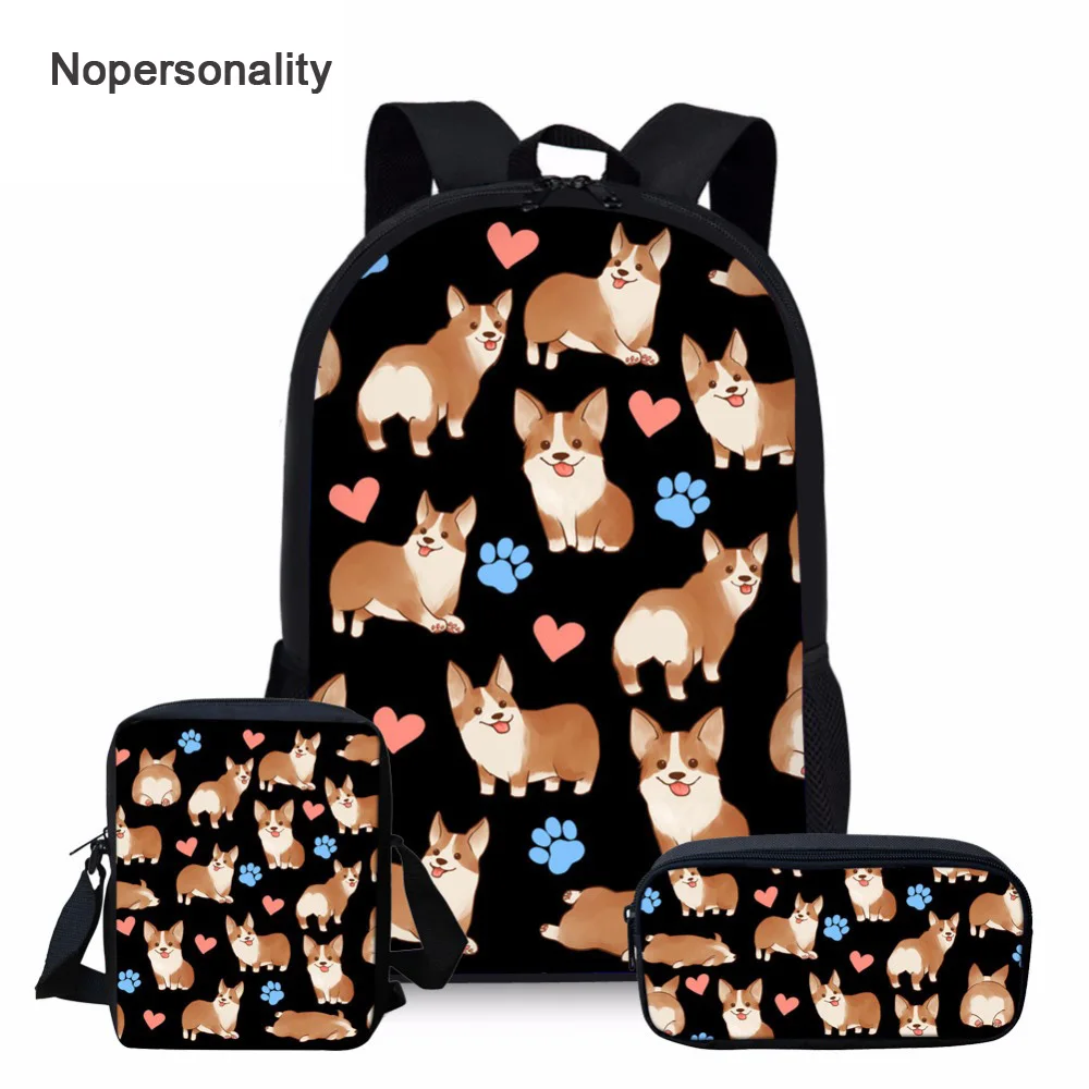 

Nopersonality Cute Corgi Dog School Bag Set Black Child Schoolbag for Teenager Girls Boys Junior Primary Children Kids Book Bags