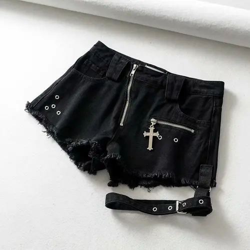 Black Shorts Джинсовые шорты в стиле панк, женские темные модные готические шикарные шорты на молнии с перекрестными кольцами и повязкой, шорты с высокой талией, летняя мода - Цвет: Black Shorts