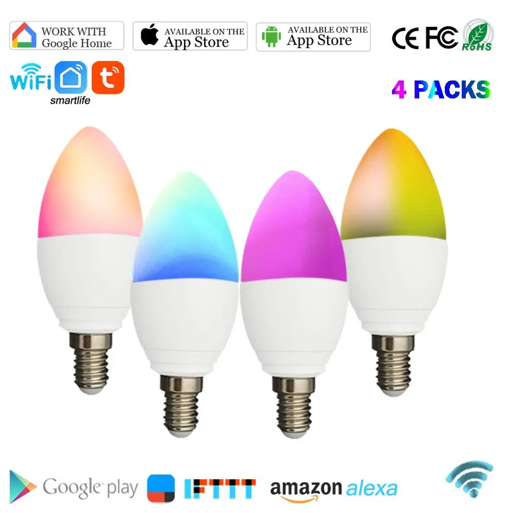 Смарт лампы в форме свечи E14 умный светодиодный Регулируемая лампа работа с Alexa