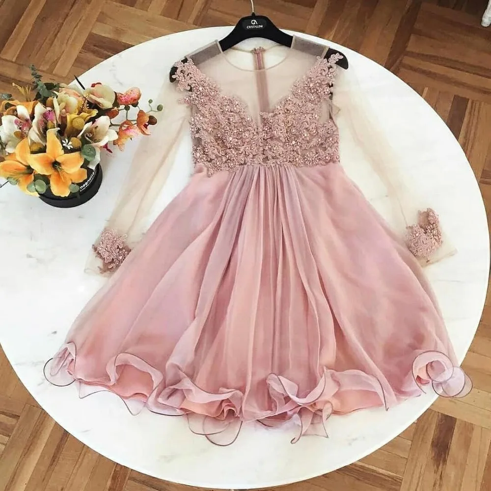 Новые розовые короткие вечерние платья 2019 с длинными рукавами и круглым вырезом