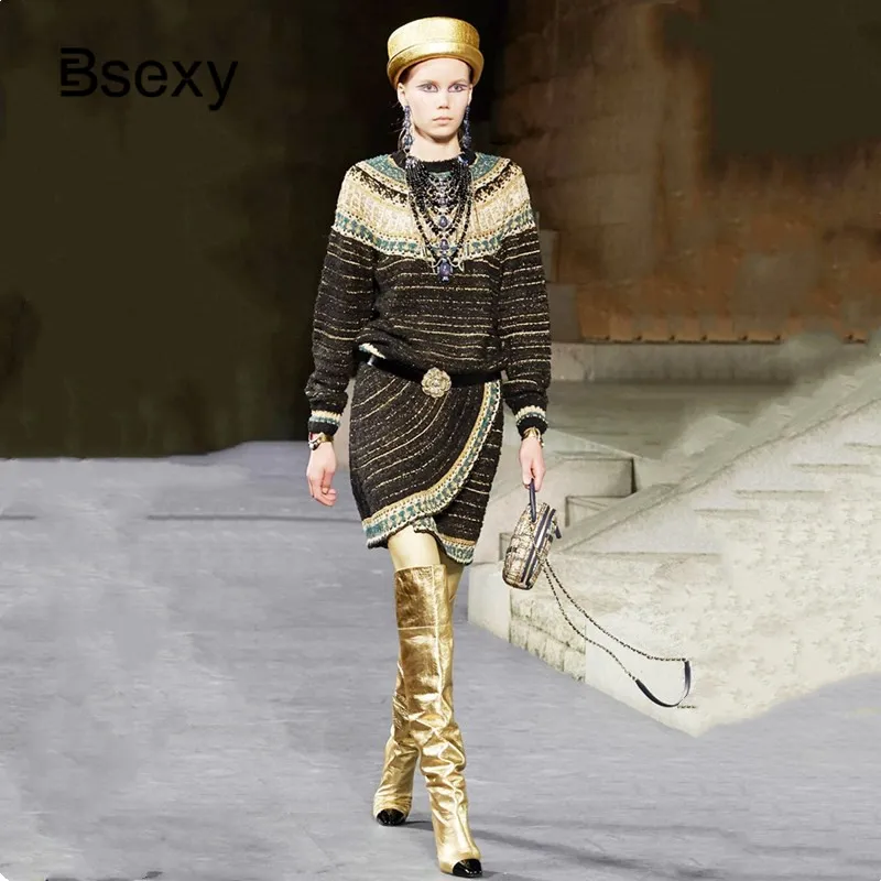 Runway Women's sweater sets Autumn Lurex Striped Loose Pullver Sweater+ High Waist Mini Knitted skirt Women 2 piece Set