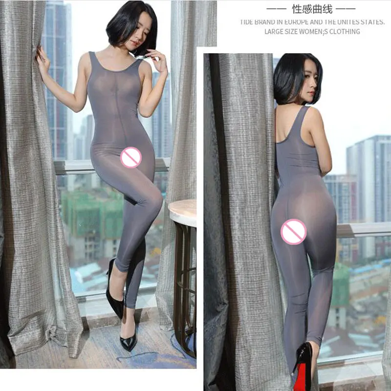 

Sexy Women Zipper Open Crotch V Neck Vest Bodysuit MIlk Ice Silk Smooth Transparent Body Stockings Sexy Tight Erotic Lingerie 23