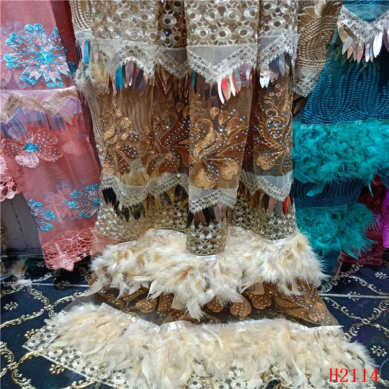 Свадебное кружево нигерийская кружевная ткань Блестки французские кружева ткань жаккард ткань перо кисточки кружево с камнями перо HJ2114-1