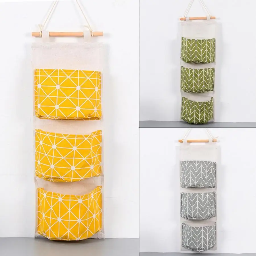 Хлопковые льняные настенные Висячие Сумки для хранения 3 кармана карман на дверь