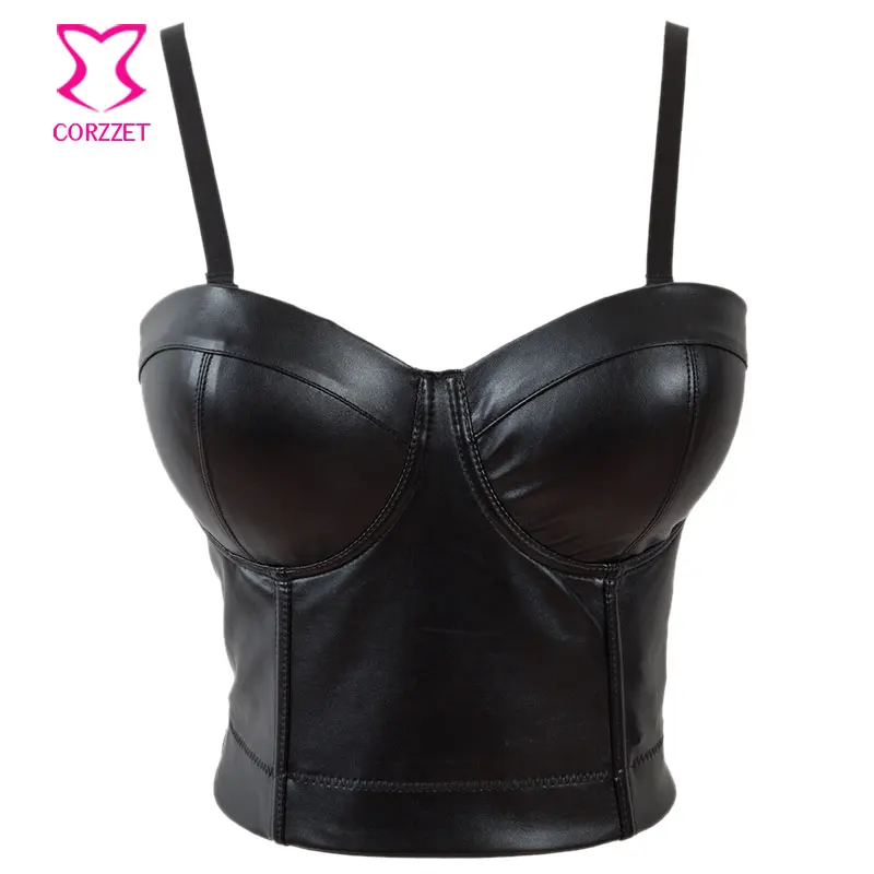 Черный укороченный бюстгальтер из искусственной кожи Soutien Gorge с пуш-ап бюстье
