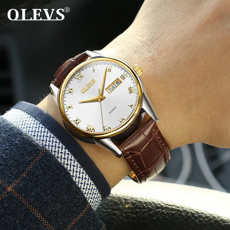 OLEVS, женские часы, нержавеющая сталь, пара, часы для девушек, мужские, лучший бренд, роскошные часы, повседневные наручные часы, Relogio bayan kol saati - Цвет: Brown belt white men