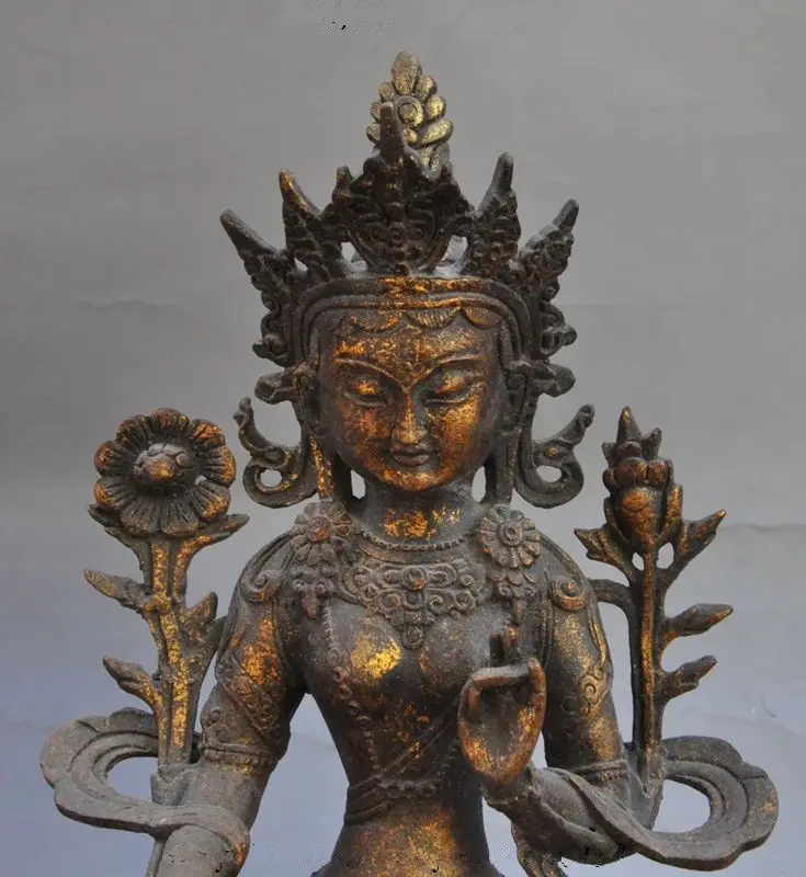 Старая тибетская медная позолоченная Джосс Зеленая Тара Кван-Инь Гуань Инь