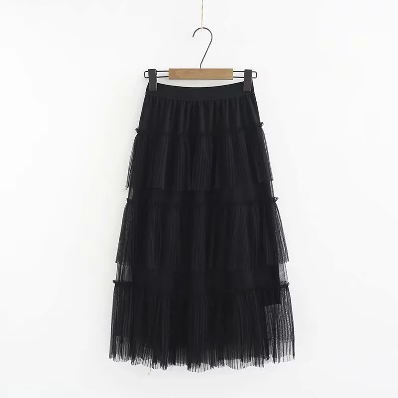 

Spring Summer Fairy Solid White Black Cakee Layered Chiffon Skirt Sweet Ruffles Tiered Mid-calf Crepe Chiffon Pleated Long Skirt