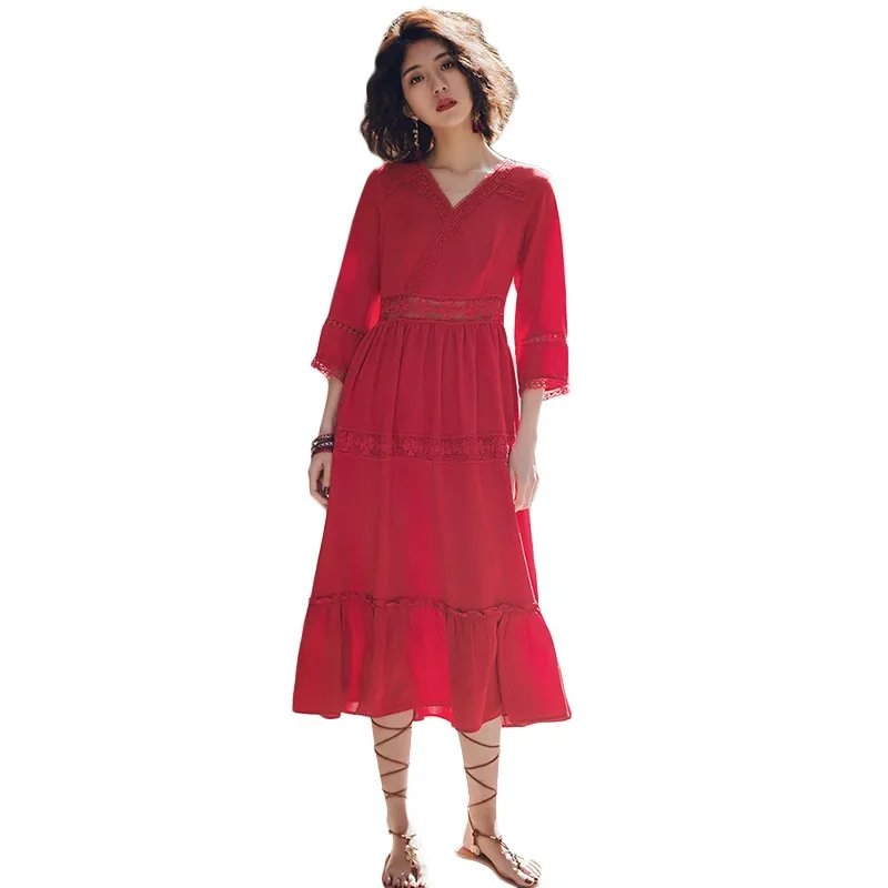 Летнее платье 2018 корейское женское элегантное пляжное длинные платья красное
