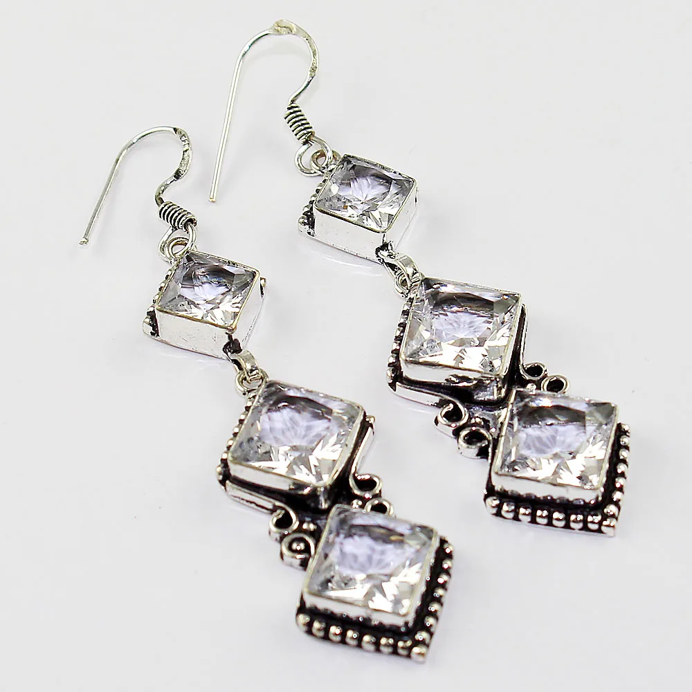 

White Topas Earrings Silver Overlay over Copper , 75mm, E1237