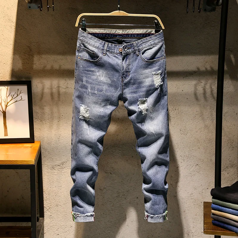 2018 Slim Fit Stretch щиколоток рваные джинсы Ручная стирка Повседневное Штаны Ретро Для
