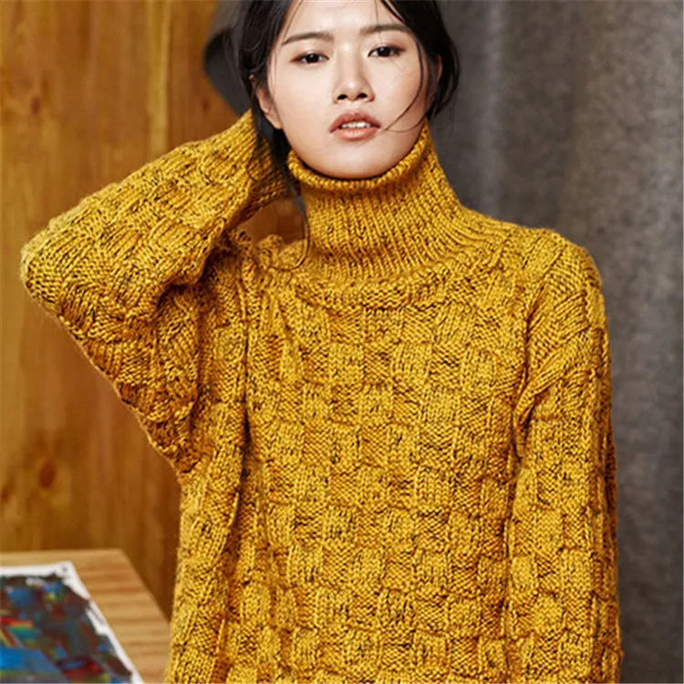 100%hand made pure wool turtleneck thick knit women streetwear loose H-straight pullover sweater one&ampover size | Женская одежда