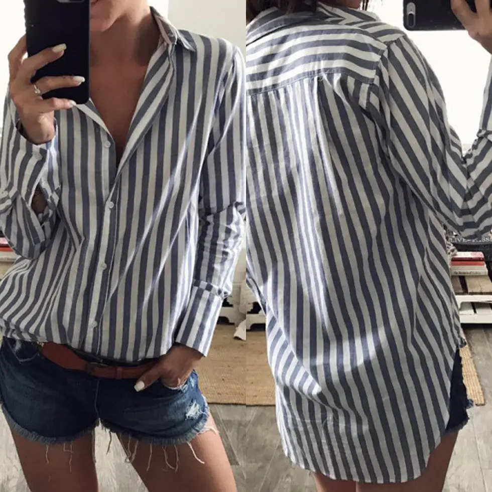 Striped loose long sleeves lapel shirt Shirts Lady 2017 Spring New Fashion new Blouse Women Long Sleeve Tops |