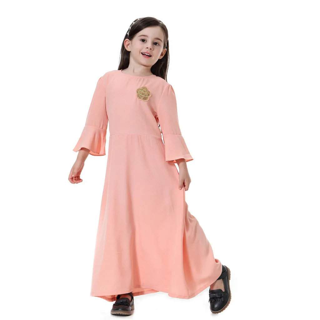 2019 Girls Dress Muslim Islamic Long Robe Burka Maxi Kaftan Princess Sleeve Solid Color Little Gir Dresses For Kids Clothes | Детская