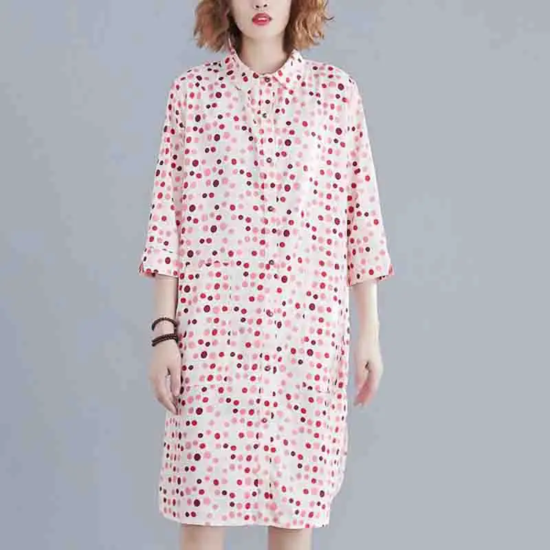 Платье-рубашка с принтом в горошек винтажное платье большого размера рукавом три