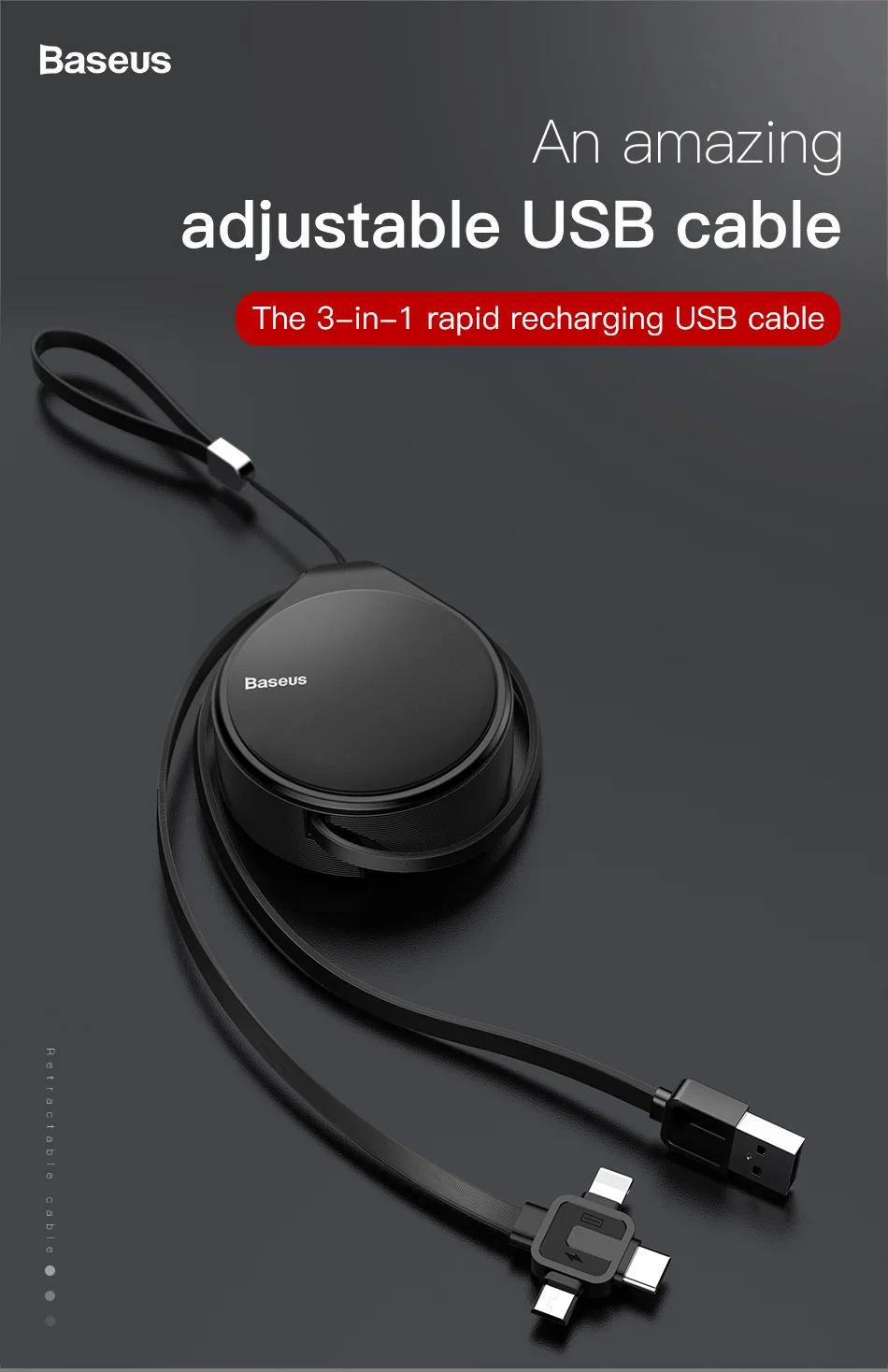 Выдвижной usb-кабель Baseus для iPhone X 8 7 6, зарядное устройство для передачи данных, шнур 3 в 1, кабель Micro USB, кабель USB type C, адаптер