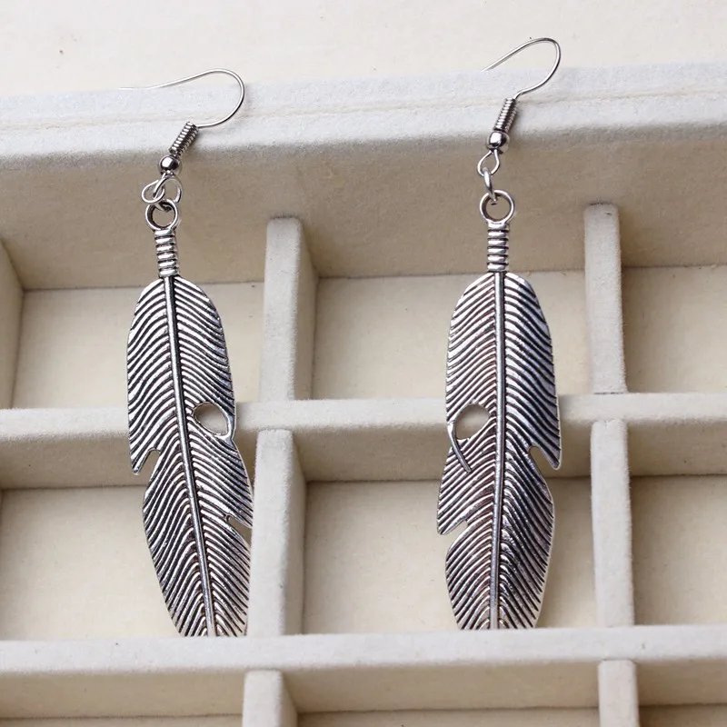 Высококачественные очаровательные серьги в форме пера античное серебряное