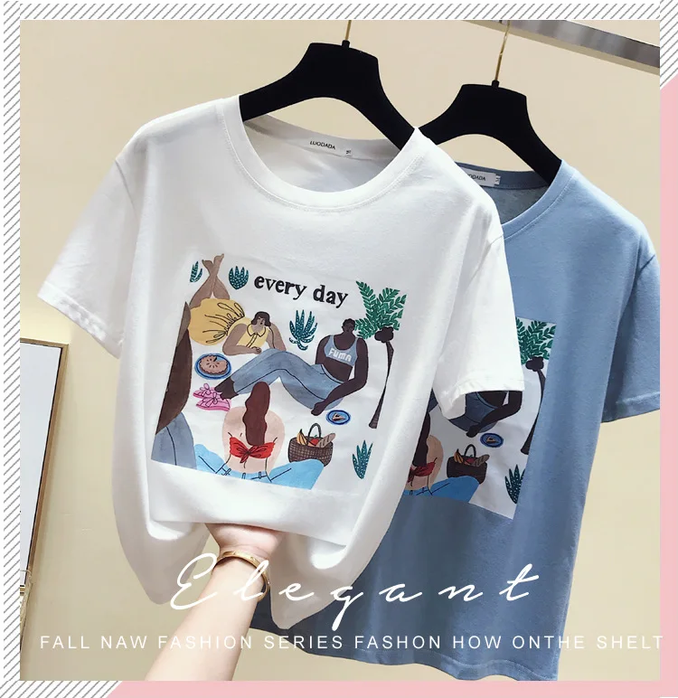 Женская футболка с коротким рукавом Корейская свободная круглым вырезом и