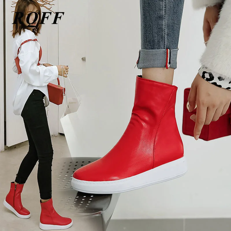 Женская обувь 2019 г. Новые женские зимние ботинки из искусственной кожи красного