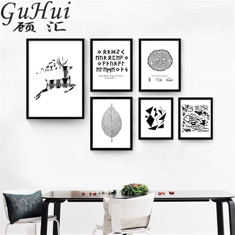 Nordic Black White Geometric Shapes Leaf Abstract Annual Ring Cartoon Wall Pictures Text Living Room Decor Elk Painting Poster|painting poster|wall