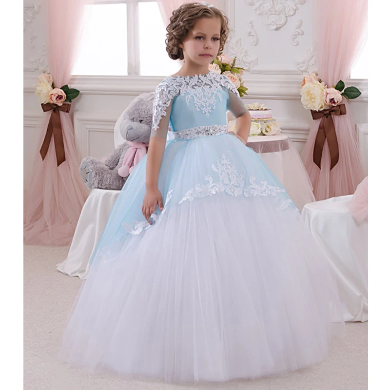 Hot Robe Communion Fille Blue Ball Gown Crew Neck Ankle Length Bow Sash Short Sleeves Patchwork Long First Communion Dresses enlarge