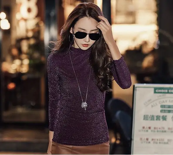 purple Cakucool Базовая рубашка Топ Женская Блестящая люрекс с длинным рукавом стоячий воротник сетчатая блузка тонкая Корейская кружевная шикарная женская одежда плюс 3XL - Цвет: purple