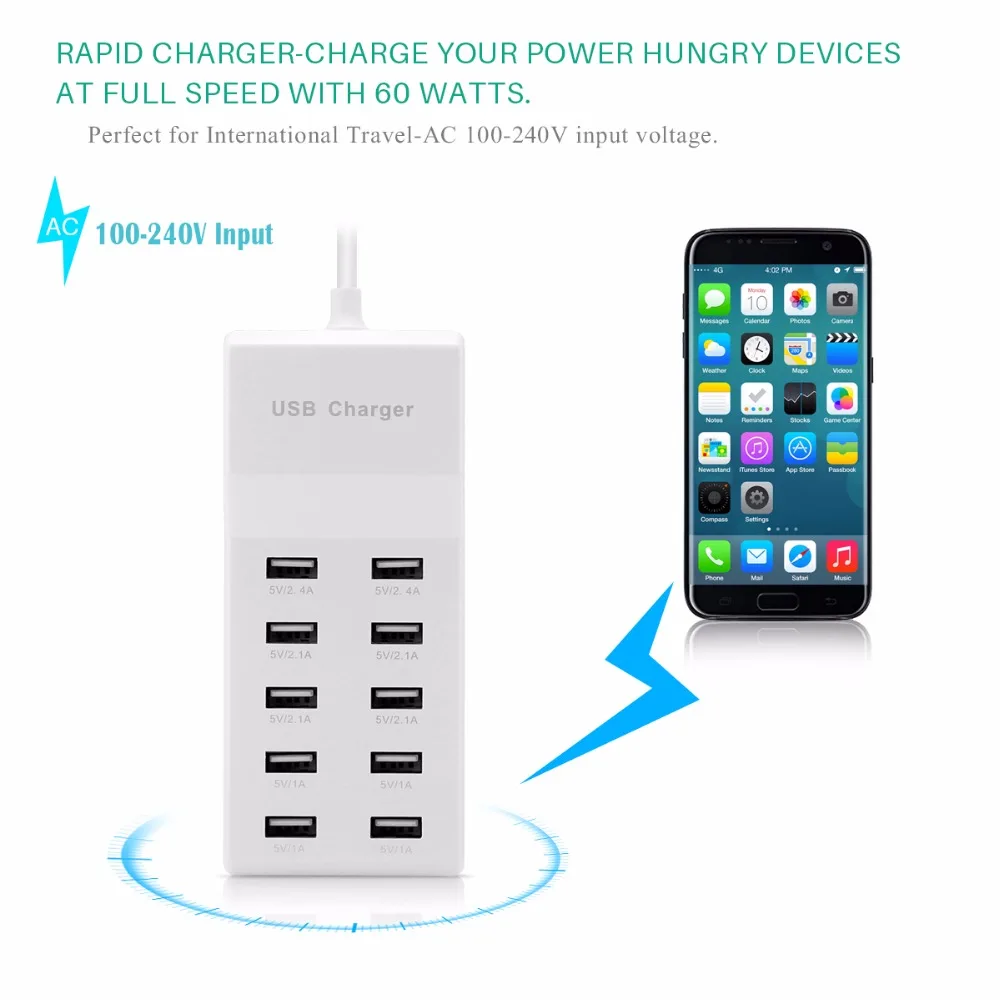 Зарядное устройство Powstro с 10 USB портами 60 Вт А|usb phone charger|iq chargerphone charger |