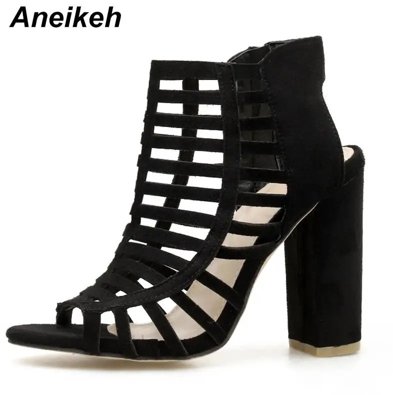Black Aneikeh/ г. Летняя женская обувь женские босоножки с вырезами в полоску пикантные женские босоножки на высоком каблуке 10 см, с открытым носком, с ремешком на пятке, черного цвета - Цвет: Black
