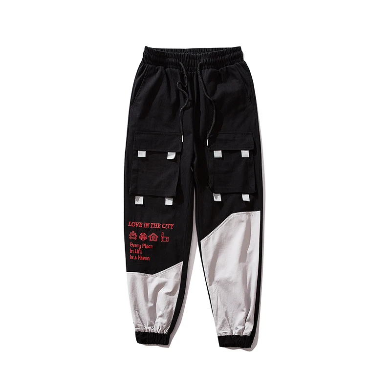 

Men Harajuku Streetwear Multi-pocket embroidered Color Block Patchwork Pants hip hop Sweatpants Cargo Joggers Harem Trousers