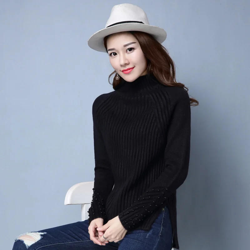 Women Autumn &amp Winter high collar sweater Ladies thick warm plain turtleneck pullovers long sleeve with beading | Женская одежда