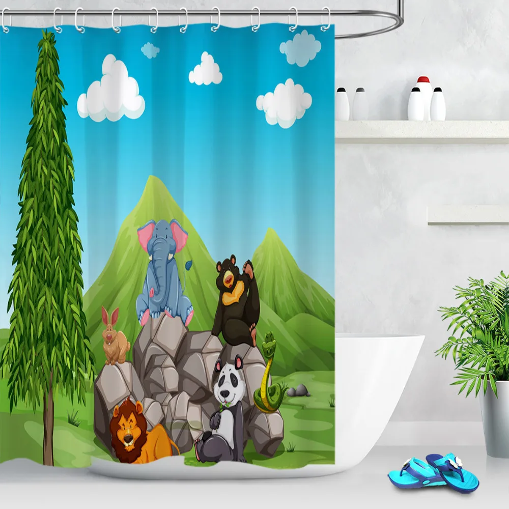 LB Cute Panda Lion Elephant Rabbit Black Bear Bathroom Waterproof Fabric Shower Curtain Polyester 12 Hooks Bath Accessory Sets | Дом и сад