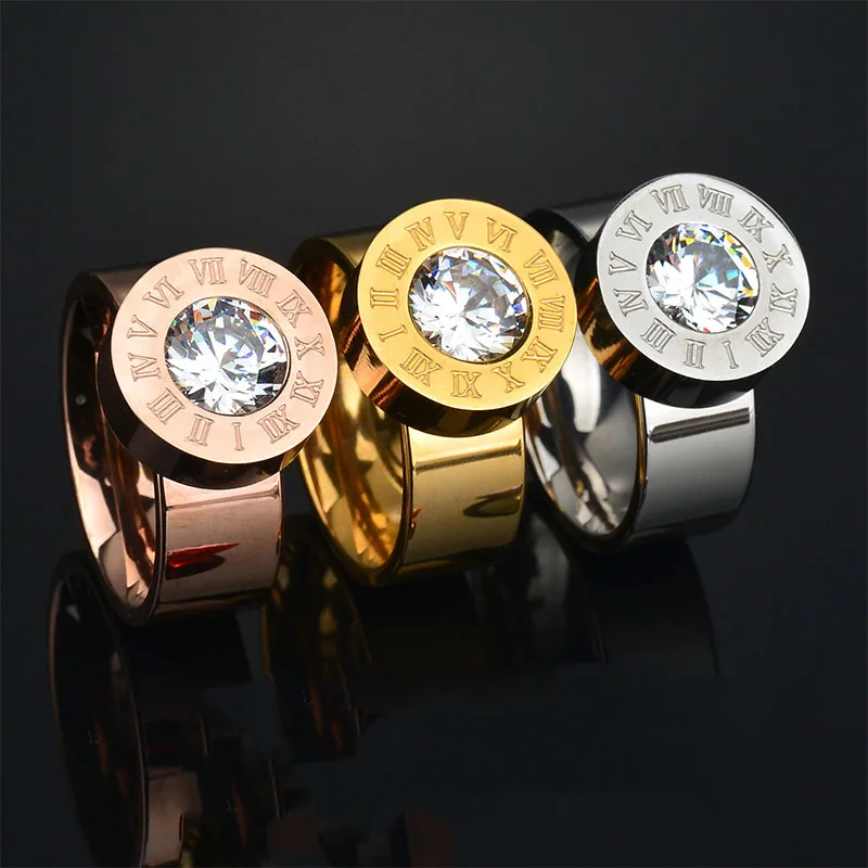 

New Arrive Trendy Exchange 7 Colors Big CZ Stone Ring 316l Engraving Stainless Steel Rings Female Valentine's Day