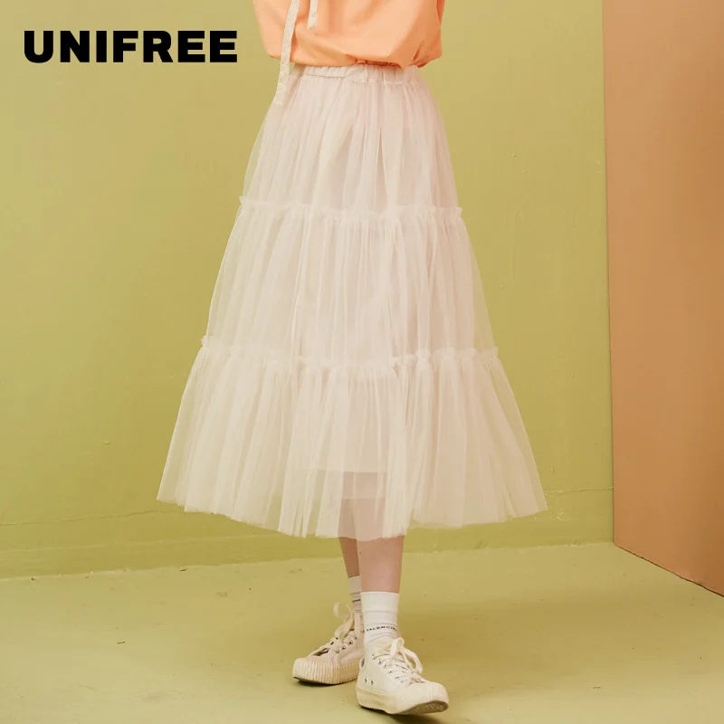 

UNIFREE Cake Skirt Half-length Skirt Super-fairy A-shaped Skirt High waist Multi-level Elastic waist Simple