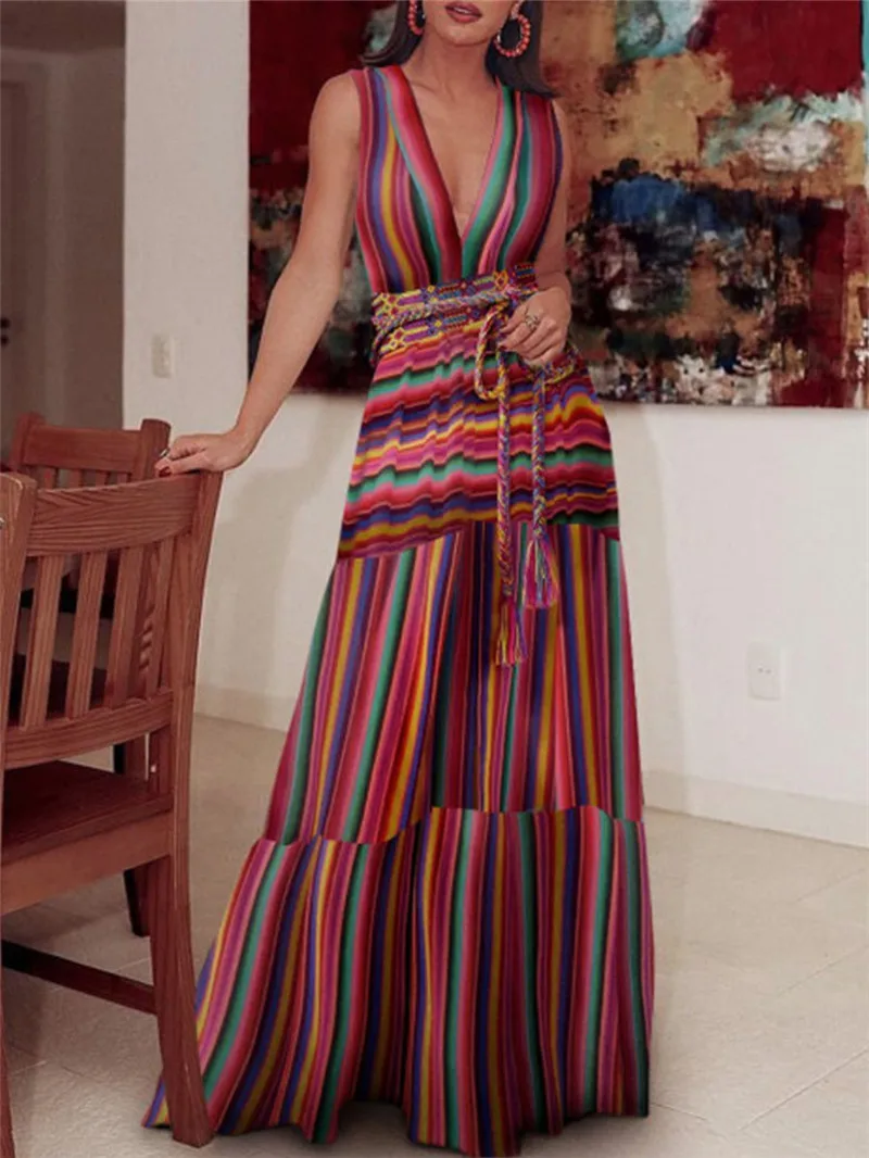 Женское богемное платье в полоску пляжный сарафан с высокой талией и V образным
