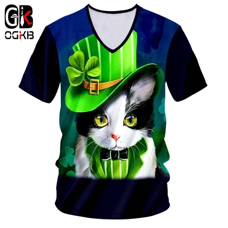 OGKB Футболка Мужская Горячая V Slim Fit 3D с принтом зеленая шляпа кошка хип-хоп большой